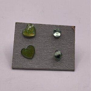 Green Heart & Stud Earring Set With Rhinestones